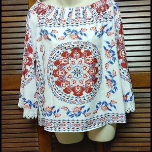 OFF SHOULDER SATINY LACE DETAIL R/W/B SHIRT